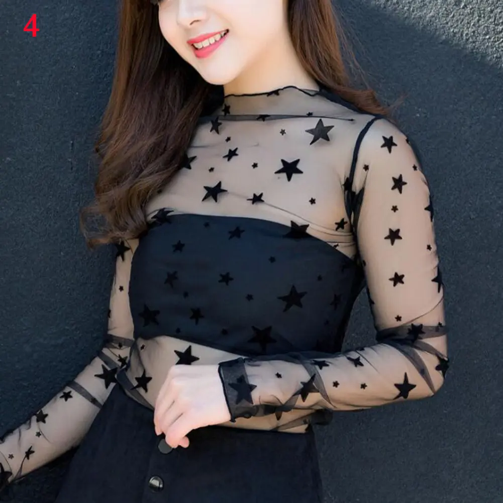 Elegant Lace T-shirt For Women Mesh Long Sleeve Tops See Through Top Transparent Sheer Blouse  High Neck Bottoming Shirts