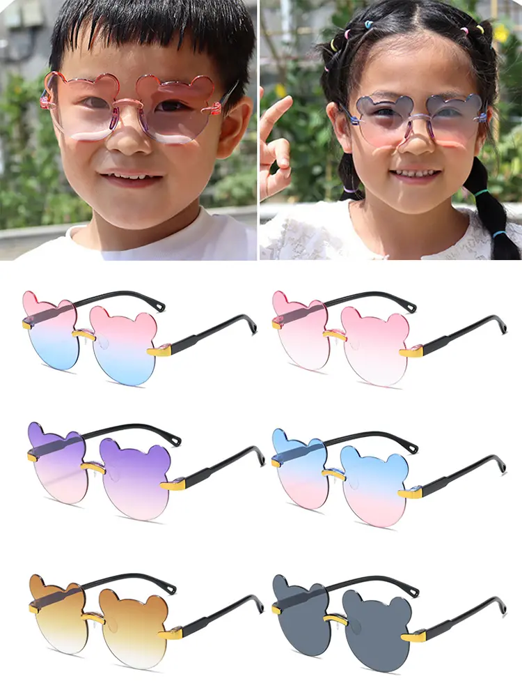 Girls Boys Cartoon Bear Rimless Sunglasses UV400 Children Retro Round Glasses Eyeglass Outdoor Infant Ultraviolet-proof Eyewear