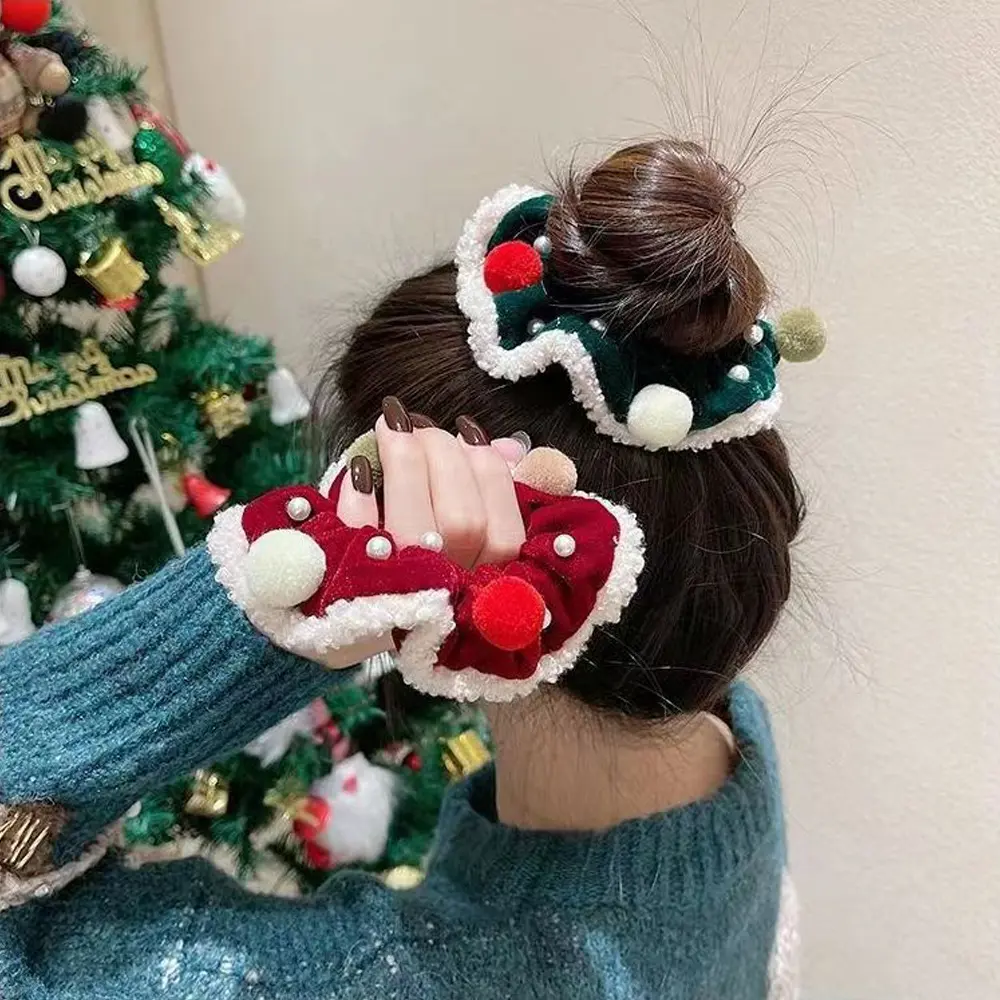 Winter Flannel Hair Ring Large Red Green Plush Hair Scrunchies Merry Christmas Hair Rope High Elastic Hair Ties For Girls Women