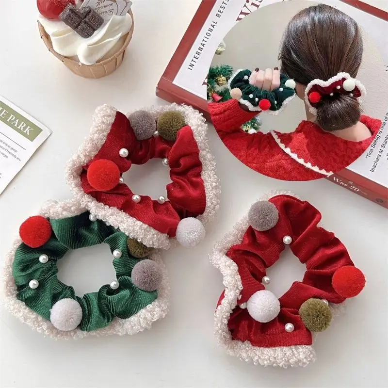 Winter Flannel Hair Ring Large Red Green Plush Hair Scrunchies Merry Christmas Hair Rope High Elastic Hair Ties For Girls Women