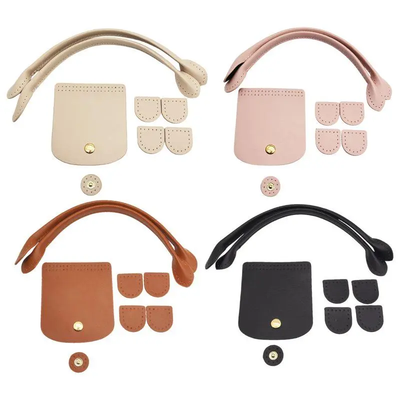 6pcs/set DIY Crochet Bag Parts PU Leather Woven Bag Set Patchwork Handle With Holes Handmade Bag Accessories Bag Flap Cover