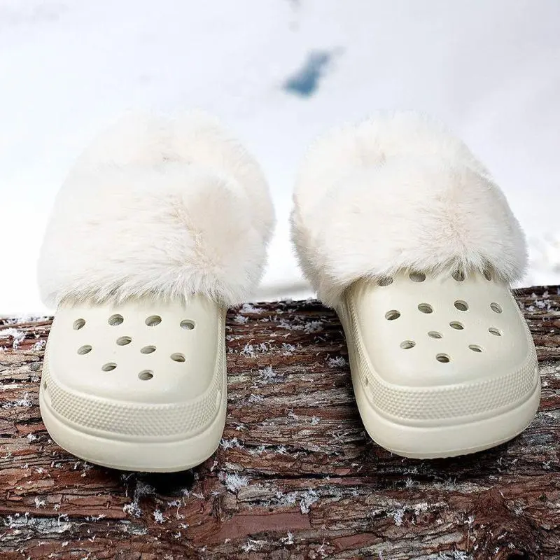 Winter Thicken Warm Shoe Cover Plush Insole Shoe Charm For Crocs Women Winter White Removable Fur Liner Clogs Slipper Pads
