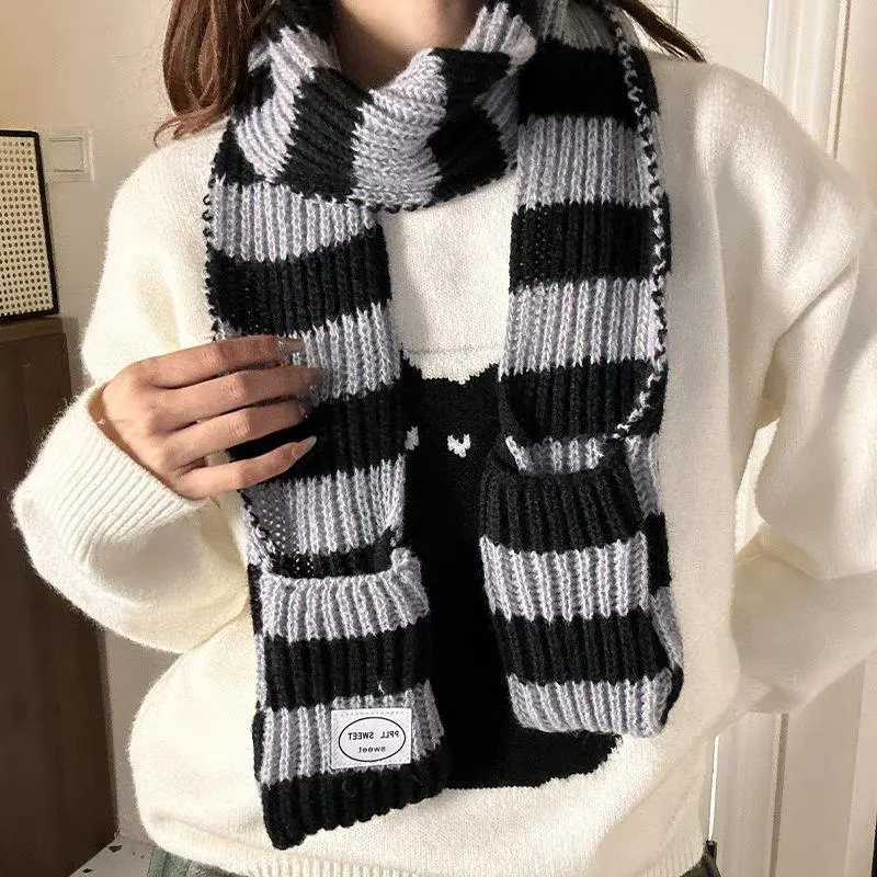 Fashion Korean Style Y2K Striped Scarf Harajuku Gothic Long Striped Scarves Knitted Streetwear Stripe Shawl Ladies Retro Scarves
