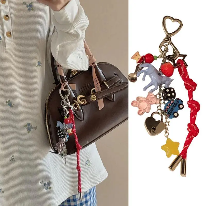 Y2K Rainbow Woven Rope Keychain Bag Charms DIY Korean Hanging Lanyard Tassel Bag Pendant Phone Case Decor Backpack Decoration