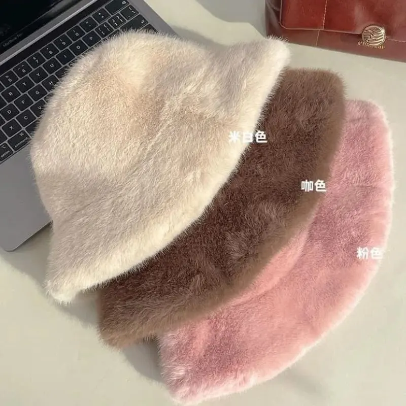 Y2k Fluffy Warm Thick Plush Bucket Hats Women Rabbit Fur Warm Faux Fur Winter Hat Grils Ins Fashion Furry Panama Fisherman Cap