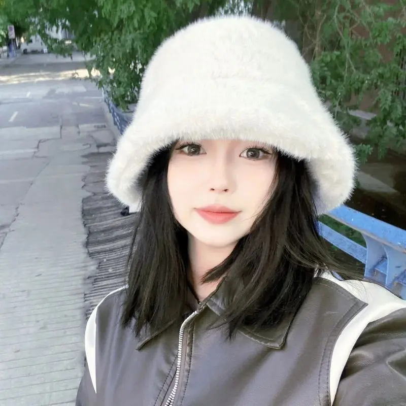 Y2k Fluffy Warm Thick Plush Bucket Hats Women Rabbit Fur Warm Faux Fur Winter Hat Grils Ins Fashion Furry Panama Fisherman Cap