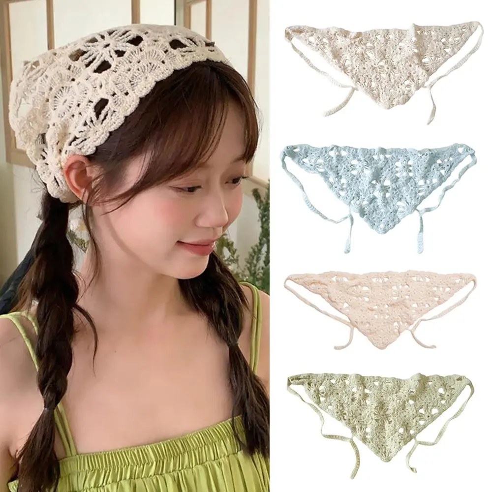 New French Hollow Triangle Headband Towel For Women Beige Crochet Headbands Bandana Summer Travel Photo Hair Scarf Bands