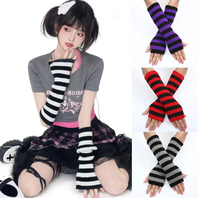 Y2K Striped Women's Knitted Fingerless Arm Sleeves Halloween Christmas Gothic Long Arm Warmers Harajuku Winter Arm Warmers
