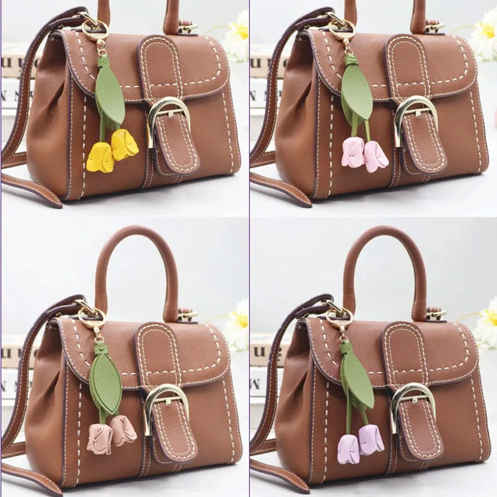 PU Leather Flower Shaped Bag Charm Genuine Leather Rope Women's Tulip Bag Pendant Car Keychain Hand Rope Accessories