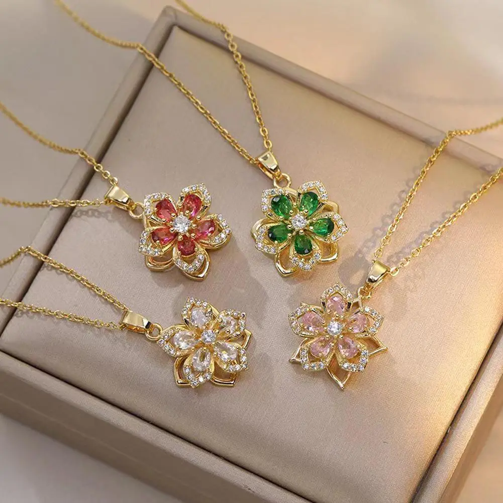 Rotating Bauhinia Zirconia Flowers Niche Light Luxury New Design Pendant Temperament Titanium Steel Necklace