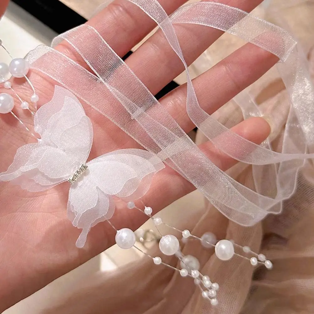 Romantic Butterfly Pearl Tie Bow Necklace Women Luxury Silk Ribbon Sweet Chokers Collarbone Chain Temperament Jewelry Gift Party
