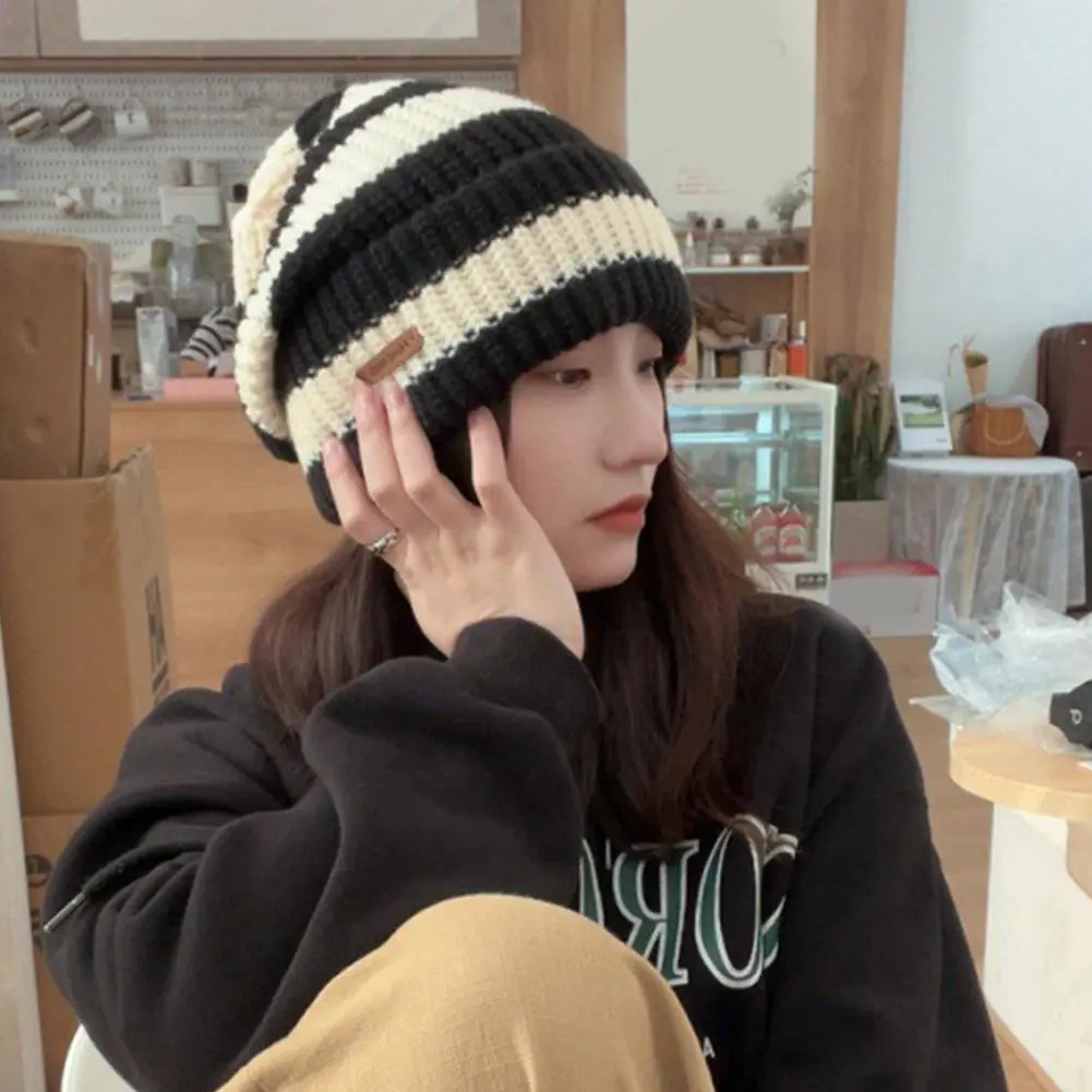 Striped Beanie Winter Hats For Women Knitted Retro Thickened Warm Baggy Cap Trendy Windproof Ear Protect Bonnet Female New
