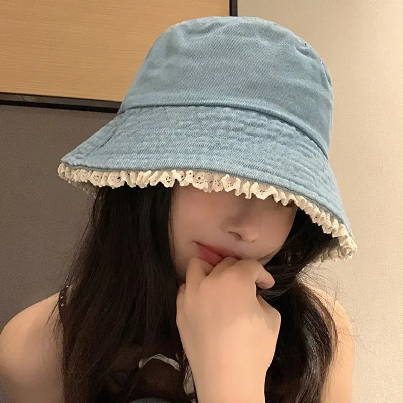 Lace Ruffle Denim Bucket Hat for Women Korean Wide Brim Fisherman Cap Outdoor Sunshade Summer Basin Hats