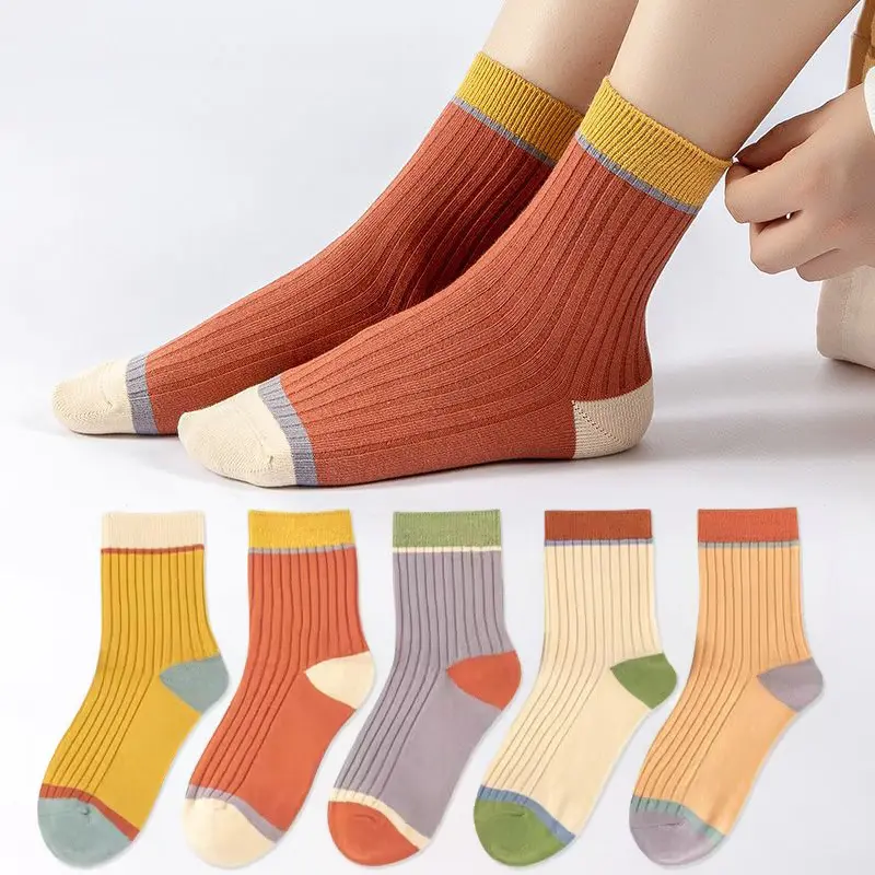 5 Pair/Set Autumn Winter Ribbed Socks for Women Candy Color Striped Mid-tube Sock Korean Soft Warm Socks Calcetines