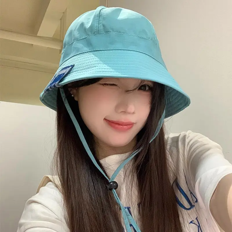 Korean Bucket Hat for Women Summer Foldable Sunshade Fisherman Cap Girls Solid Color Windbreak Rope Panama Sun Visors
