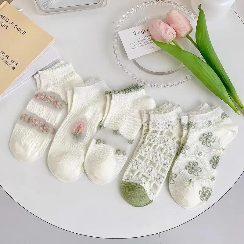 Korean Ins Flower Socks Women Summer Mesh Transparent Sock Harajuku Sweet Floral Breathable Casual Female Short Socks