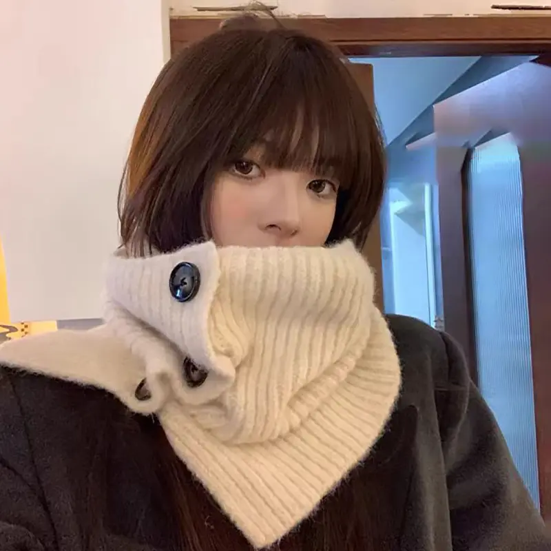 Winter Warm Knitted Collar Scarf Women Korean Thicken High Neck Wraps Solid Color Button Woolen Fake Collar Pullover Shawl