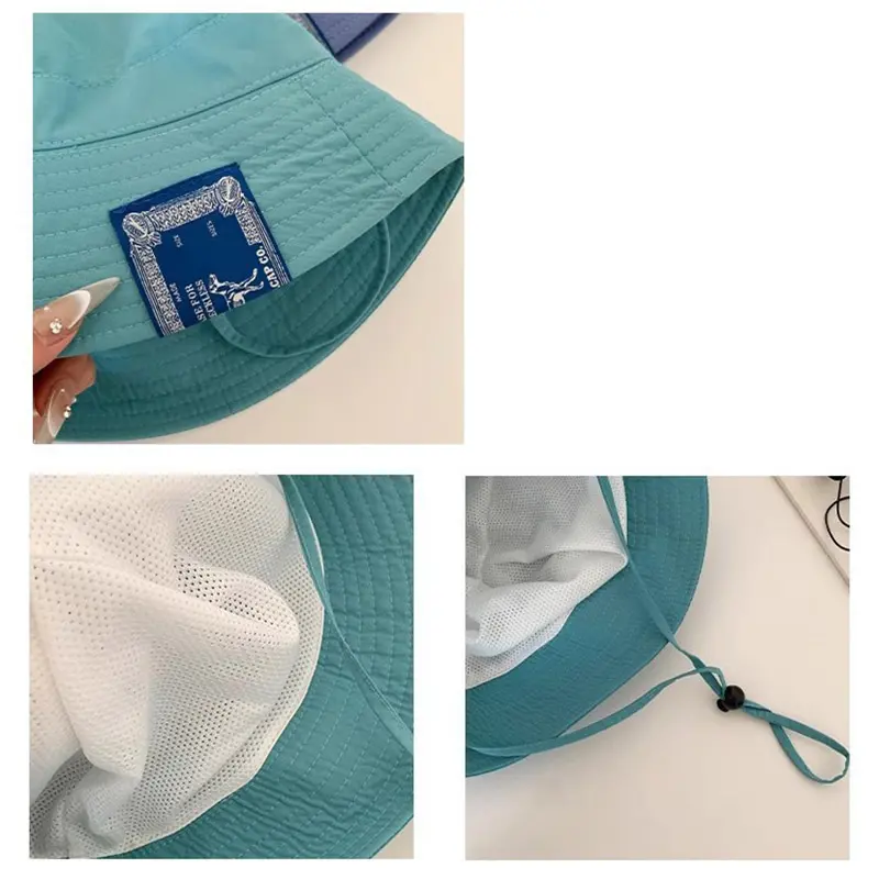 Korean Bucket Hat for Women Summer Foldable Sunshade Fisherman Cap Girls Solid Color Windbreak Rope Panama Sun Visors