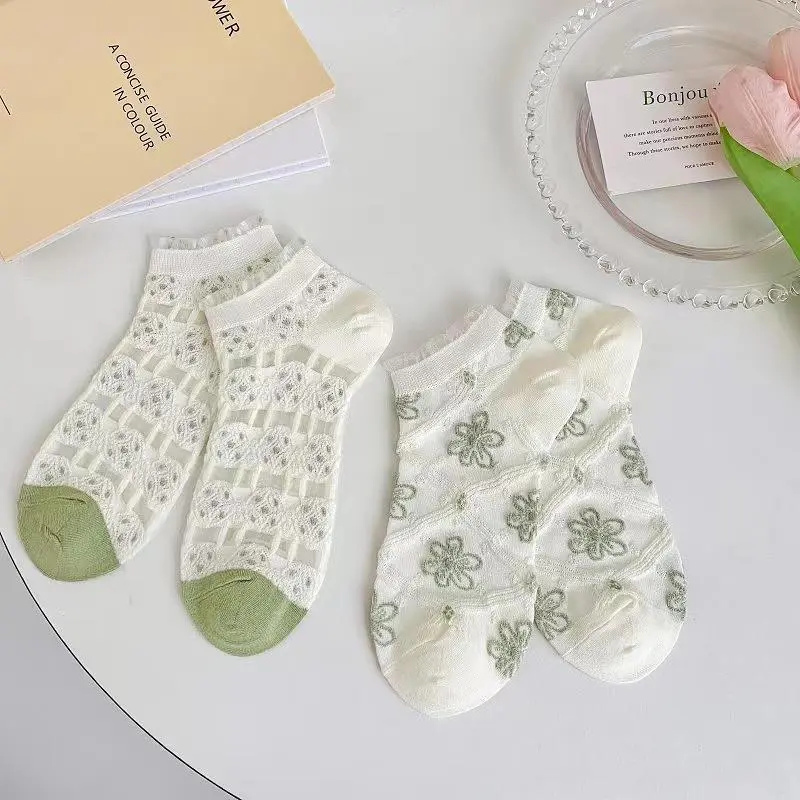 Korean Ins Flower Socks Women Summer Mesh Transparent Sock Harajuku Sweet Floral Breathable Casual Female Short Socks