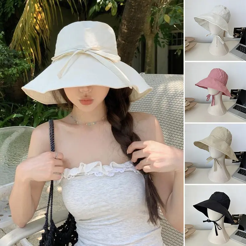 Summer Bucket Hat for Women Y2K Bow Lace-up Fisherman Cap Outdoor Sunscreen Anti-UV  Wide Brim Panama Hats