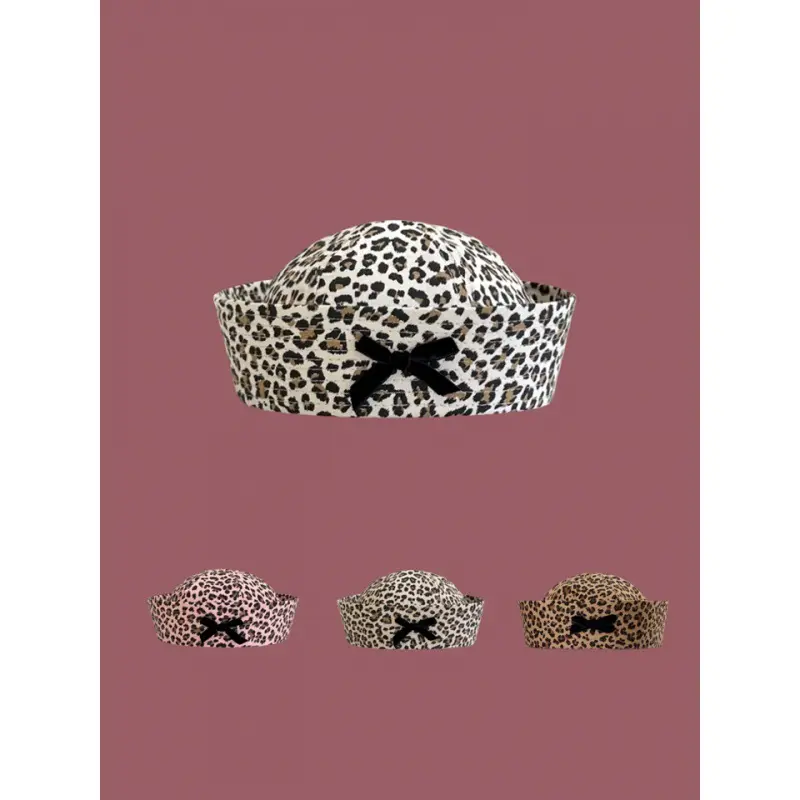 2024 Bow Leopard Print Sailor Hat Women Retro Spicy Girl Flip Brim Beret Sweet And Cute face Revealing Small Hat