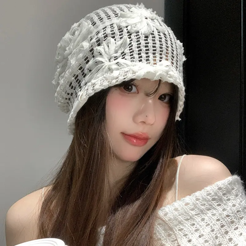 Spring Summer New Korean Crochet Pullover Hats Women Outdoor Travel Fashionable Versatile Sweet Hollow Breathable Beanies Cap