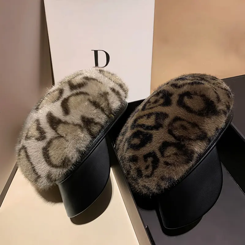 Autumn And Winter Mink Fur Newsboy Hat Leather Patchwork Leopard Print Beret Retro Warm Versatile Duckbill Cap