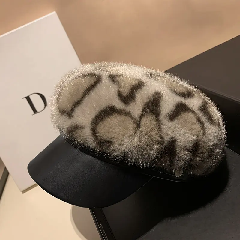 Autumn And Winter Mink Fur Newsboy Hat Leather Patchwork Leopard Print Beret Retro Warm Versatile Duckbill Cap