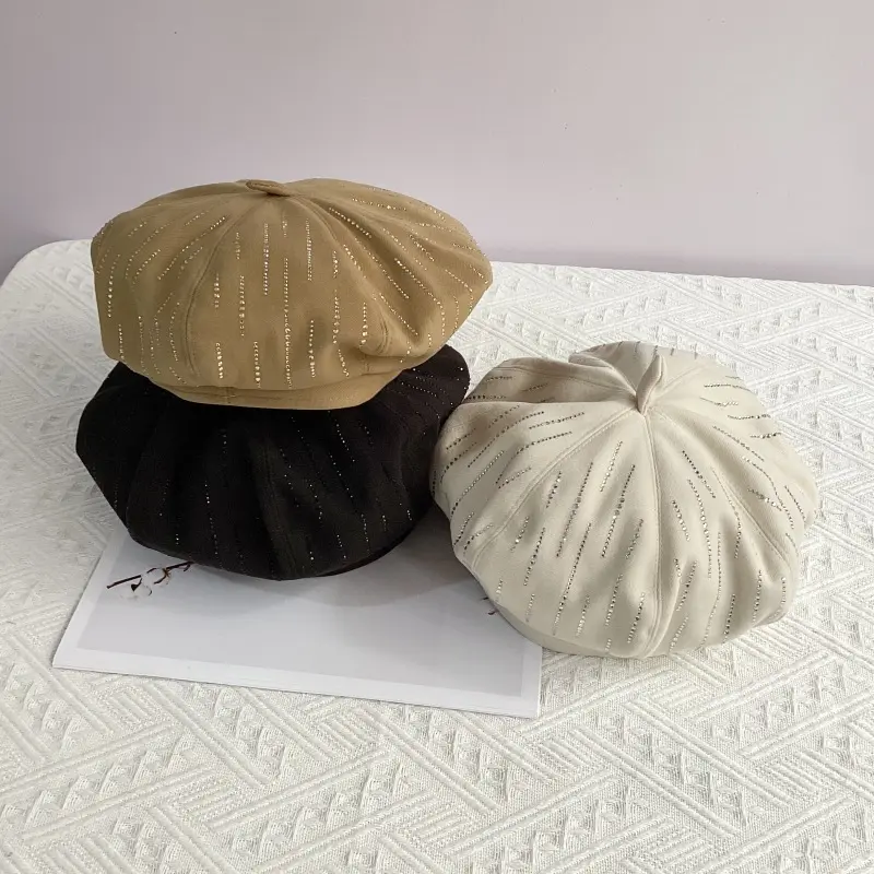 Autumn And Winter Woolen Warm Octagonal Beret Vertical Bar Rhinestone Fashionable Casual Pumpkin Hat Versatile Painter Hat