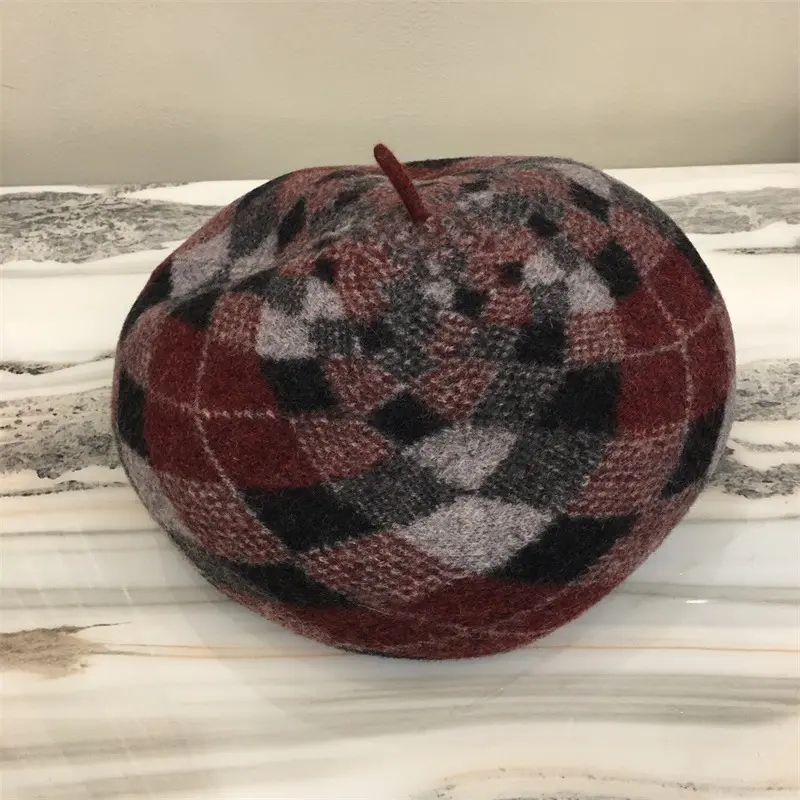 Autumn And Winter Beret Korean version Wool Bud Hat British Retro Trendy Hat Jacquard Plaid Warm Painter Hat