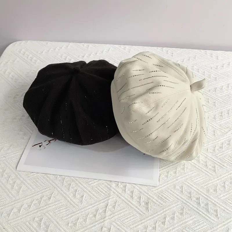 Autumn And Winter Woolen Warm Octagonal Beret Vertical Bar Rhinestone Fashionable Casual Pumpkin Hat Versatile Painter Hat