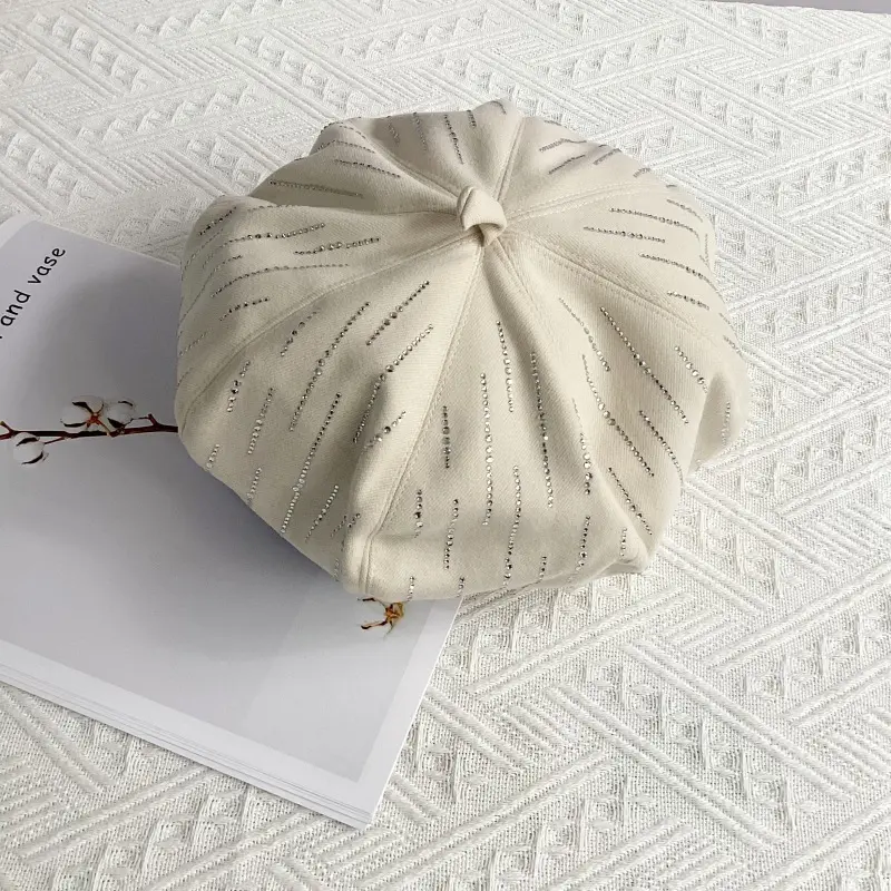 Autumn And Winter Woolen Warm Octagonal Beret Vertical Bar Rhinestone Fashionable Casual Pumpkin Hat Versatile Painter Hat