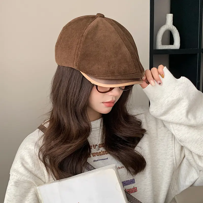 Autumn and Winter Corduroy Forward Hat, British Retro Fashion Painter Hat, Japanese Casual Art Duck Tongue Octagonal Hat
