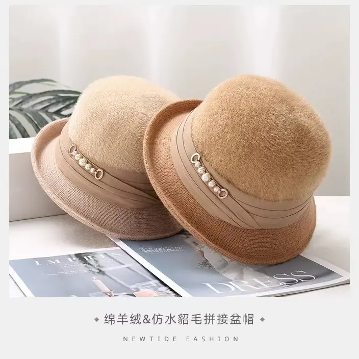 Autumn And Winter New Knitted Basin Hat Temperament Small Hat Women's Cashmere Imitation Mink Fur Spliced Fisherman Hat