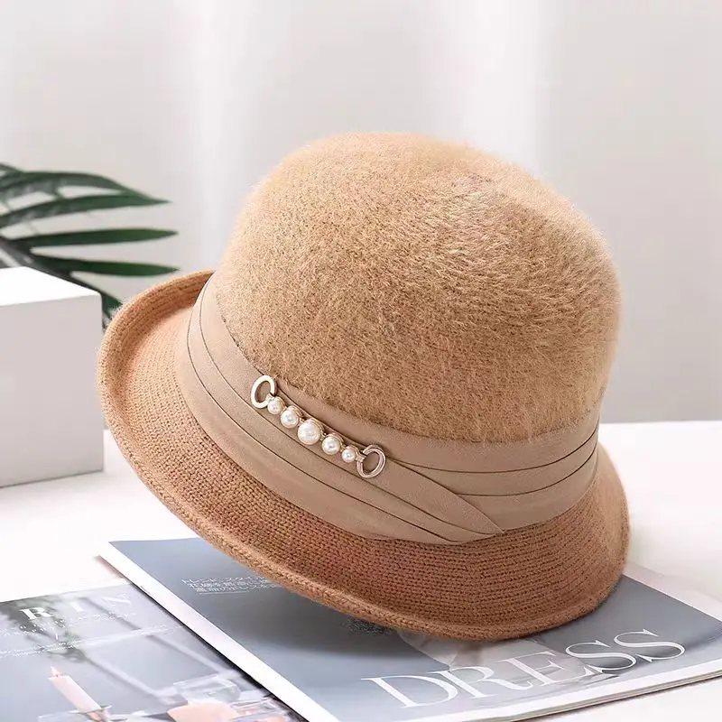 Autumn And Winter New Knitted Basin Hat Temperament Small Hat Women's Cashmere Imitation Mink Fur Spliced Fisherman Hat