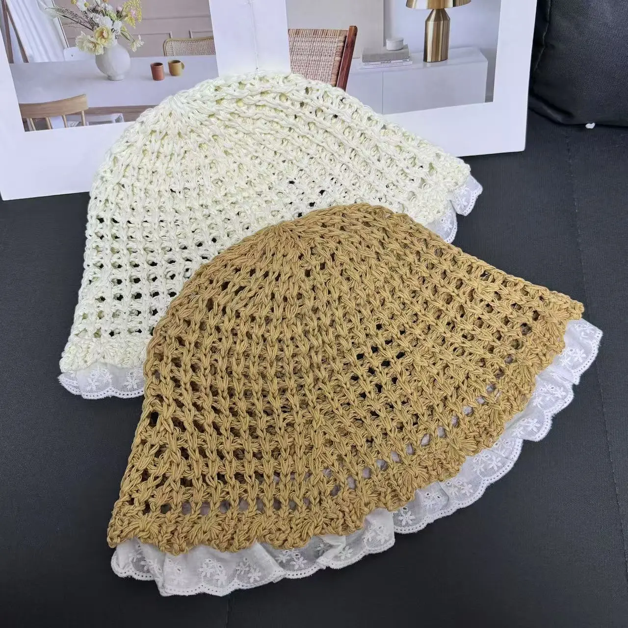 Straw Woven Sweet Lace Lace Straw Hat For Travel, Hollowed Out Sun Protection And Shading, Beach Folding Breathable Sun Hat
