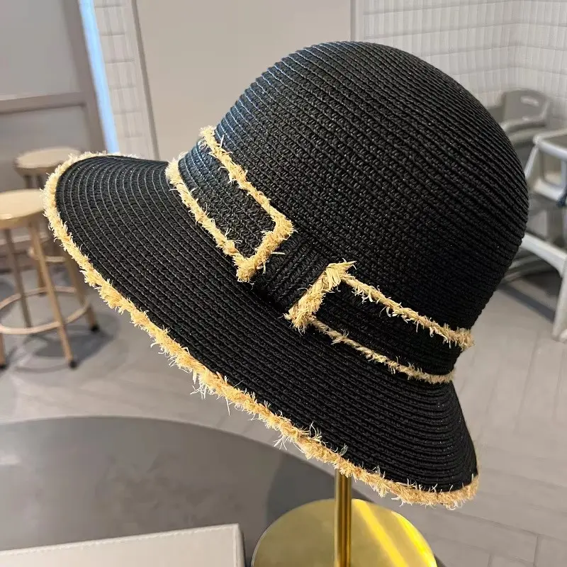 French Retro Straw Hat Women's 2025 New Fashionable Temperament Versatile Basin Hat Beach Vacation Beach Sunshade Hat