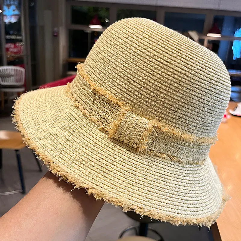 French Retro Straw Hat Women's 2025 New Fashionable Temperament Versatile Basin Hat Beach Vacation Beach Sunshade Hat