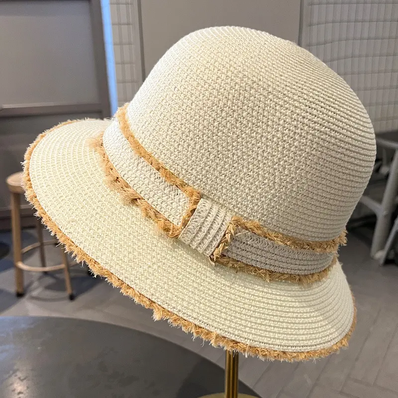 French Retro Straw Hat Women's 2025 New Fashionable Temperament Versatile Basin Hat Beach Vacation Beach Sunshade Hat