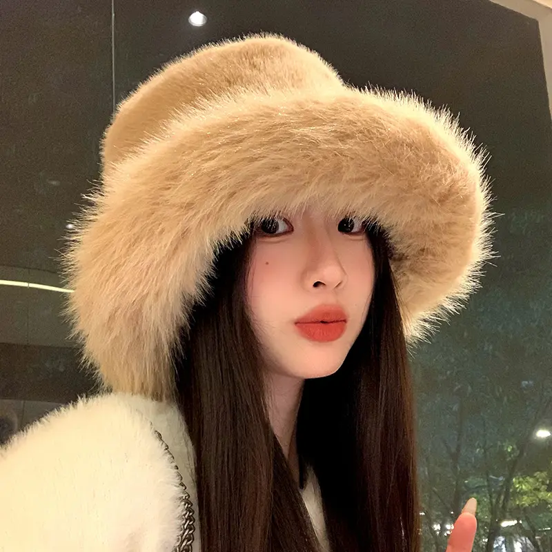 Fluffy Faux Fur Bucket Hat for Women, Rabbit Fur Warm and Thick Plush Winter Hat for Women, Fashionable Fur Fisherman Hat