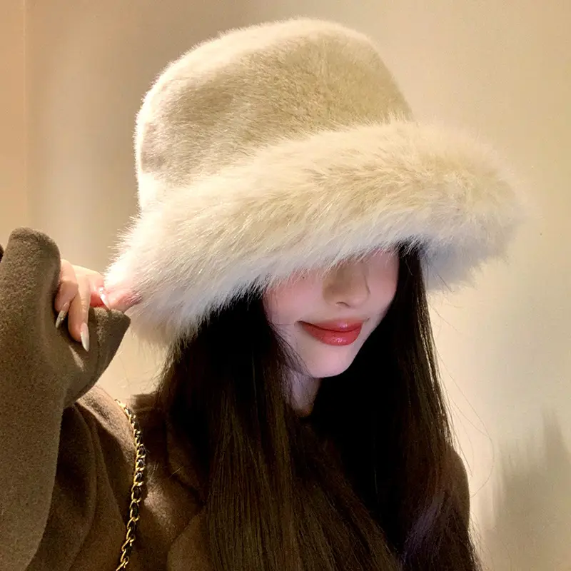 Fluffy Faux Fur Bucket Hat for Women, Rabbit Fur Warm and Thick Plush Winter Hat for Women, Fashionable Fur Fisherman Hat