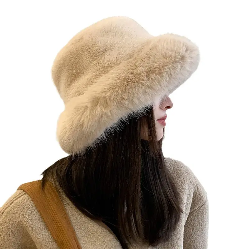 Fluffy Faux Fur Bucket Hat for Women, Rabbit Fur Warm and Thick Plush Winter Hat for Women, Fashionable Fur Fisherman Hat
