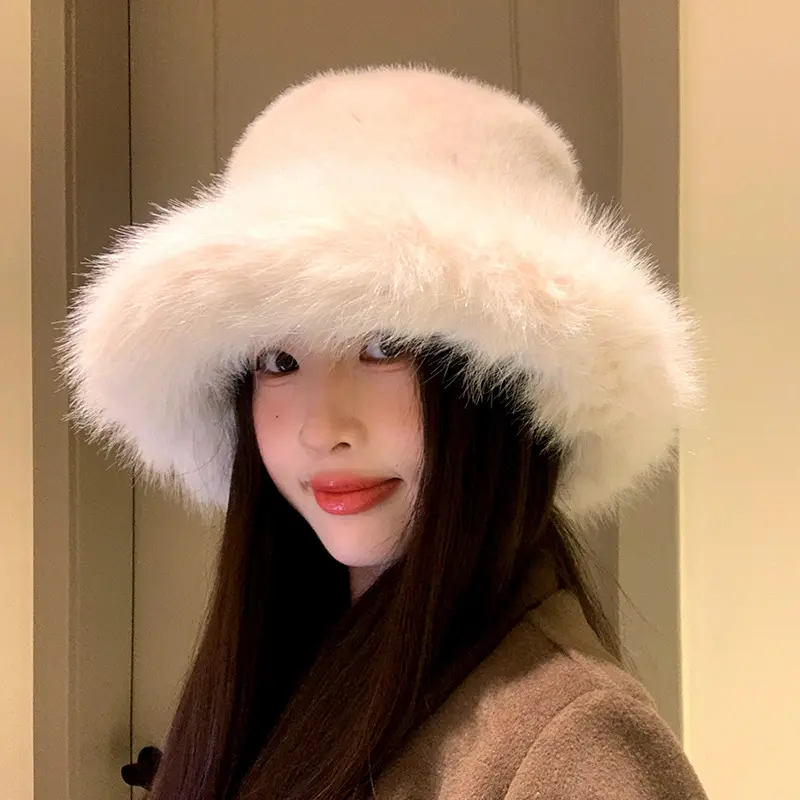 Fluffy Faux Fur Bucket Hat for Women, Rabbit Fur Warm and Thick Plush Winter Hat for Women, Fashionable Fur Fisherman Hat