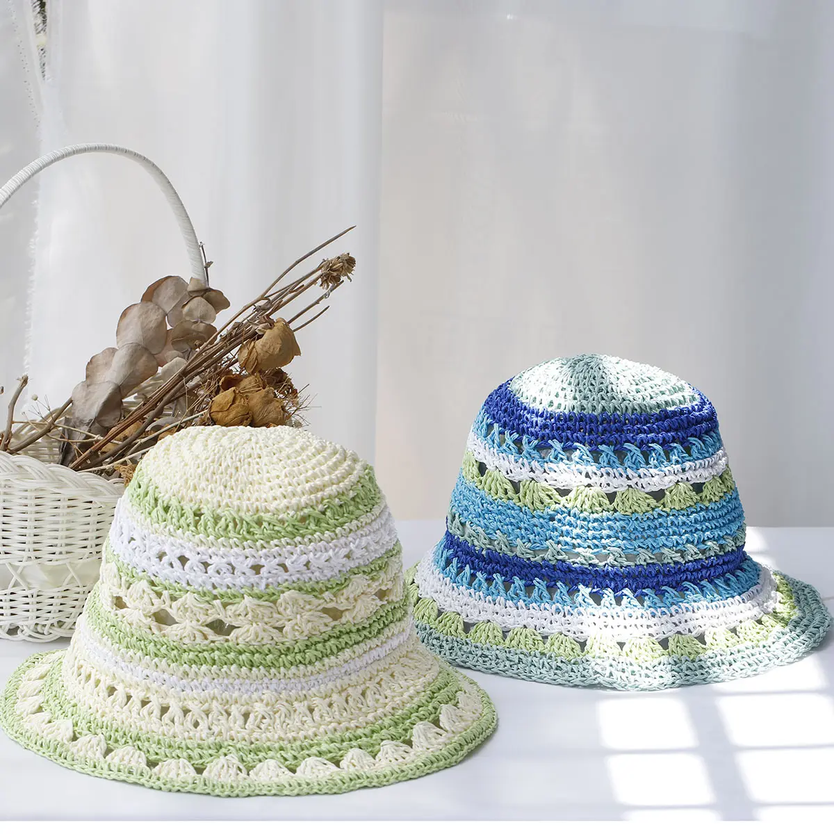 Gradient Hollowed Out Versatile Straw Hat For Beach Shading And Sun Protection, Fisherman's Hat With Large Eaves And Basin Hat