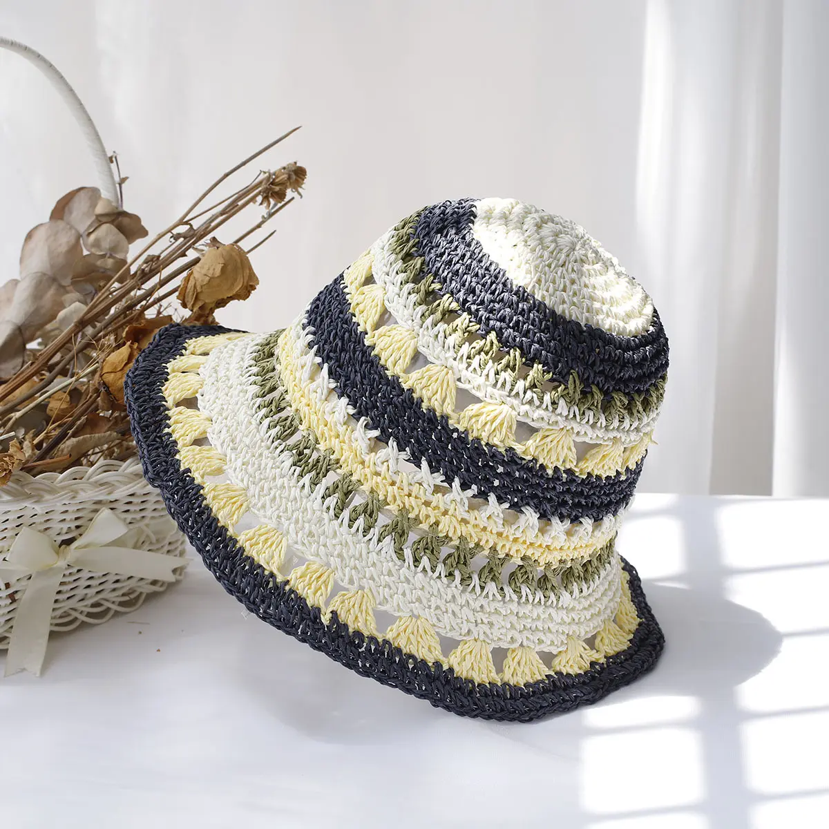 Gradient Hollowed Out Versatile Straw Hat For Beach Shading And Sun Protection, Fisherman's Hat With Large Eaves And Basin Hat