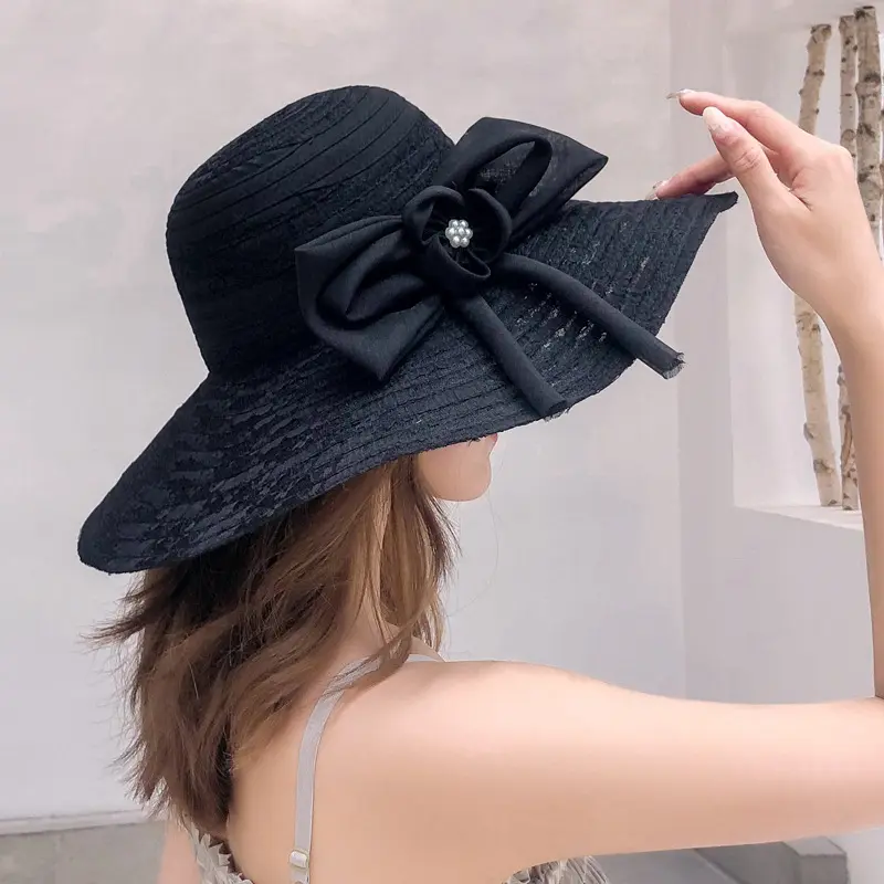 New Large brimmed Lace Breathable Women's Spring and Summer Sunshade Hat for Beach Travel and Leisure Sunscreen Flat brimmed Hat