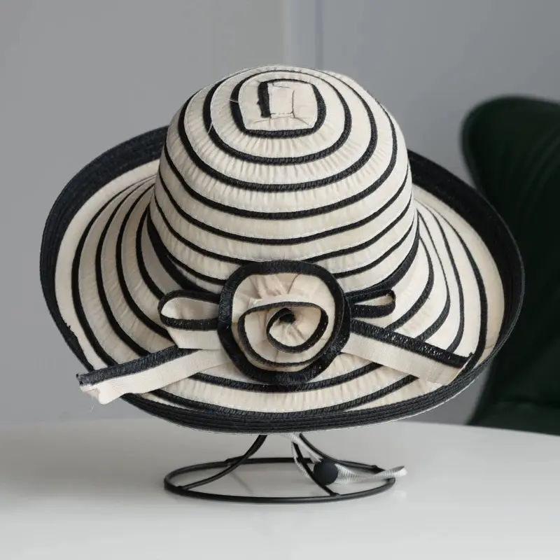 Foldable Summer Striped LSrge Flower Fisherman Hat, Children's New Sunshade Hat, Outdoor Large Eave Beach Sun Hat