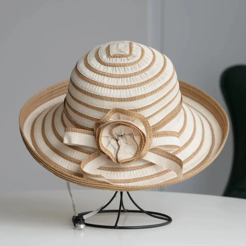 Foldable Summer Striped LSrge Flower Fisherman Hat, Children's New Sunshade Hat, Outdoor Large Eave Beach Sun Hat