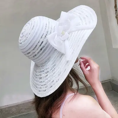 New Large brimmed Lace Breathable Women's Spring and Summer Sunshade Hat for Beach Travel and Leisure Sunscreen Flat brimmed Hat