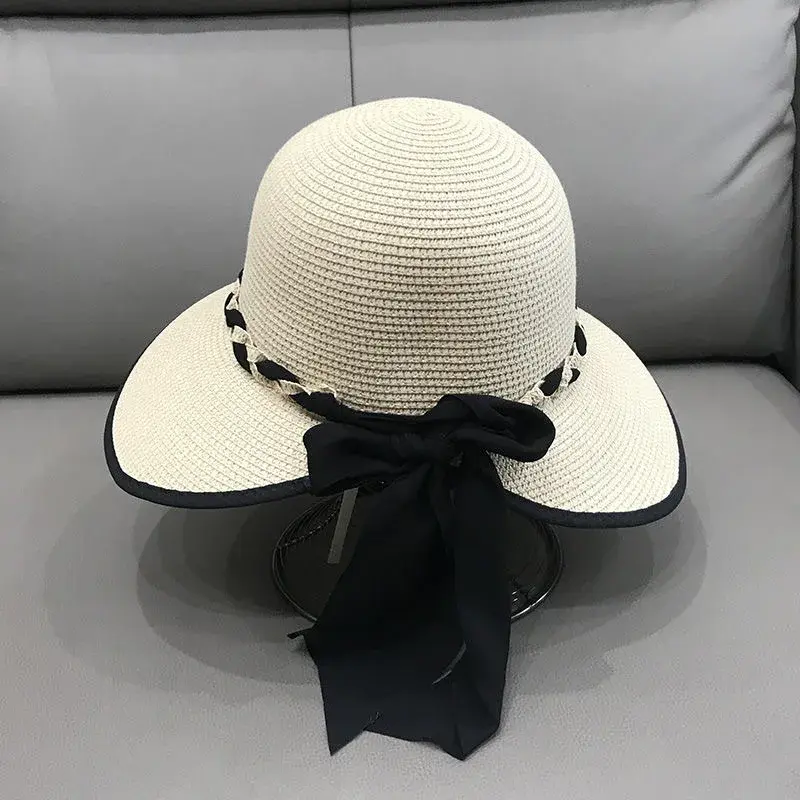 New Grass Woven Sun Hat, Beach Hat, Bow, Summer Large Eave, UV Resistant, Sun Protection, Sun Shading Hat, Grass Hat